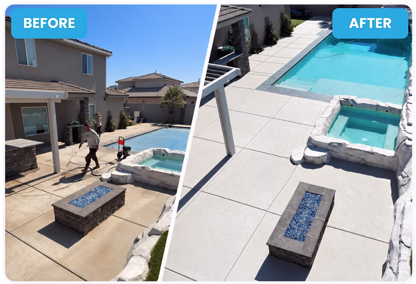 Before and after a St George Cool Decking pool deck transformation